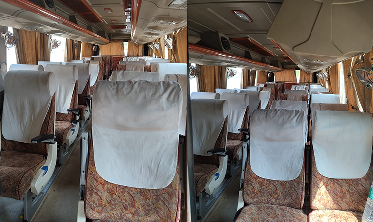 Luxury AC coach interior by Kalpana Travels with plush seating and ambient lighting